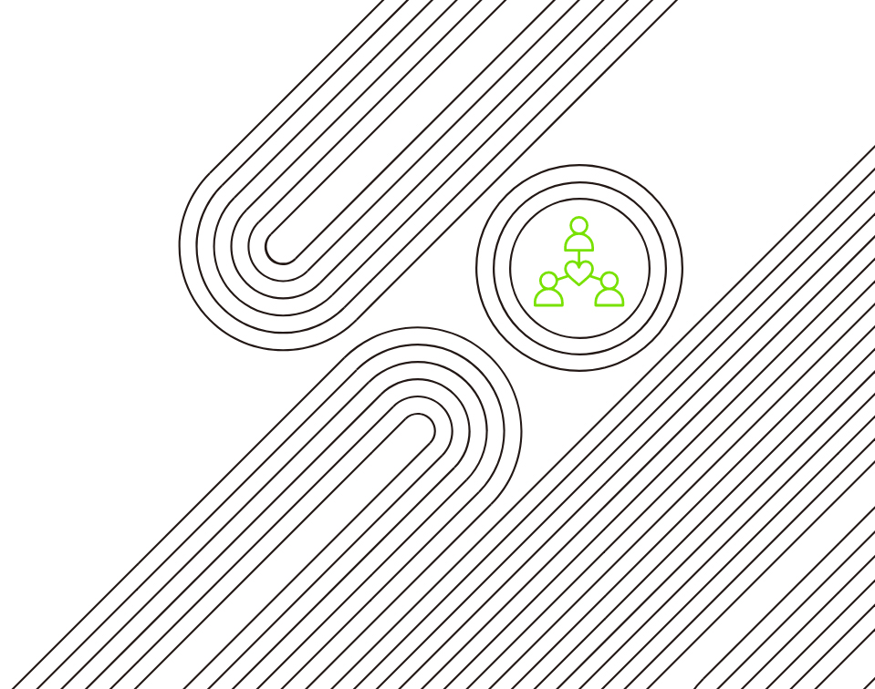 black and white striped picture with three people connected by a heart